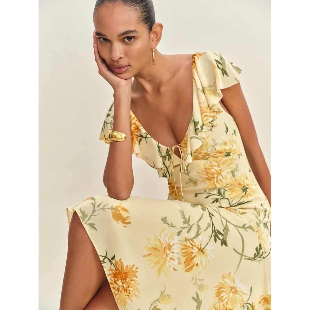 NWT Reformation Gaelle Dress in Honeyglow Size M | Yellow Floral Midi Dress - Picture 3 of 11